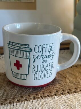 NURSE MUG - White and Red Coffee Mug - Coffee, Scrubs & Rubber Gloves 🏥